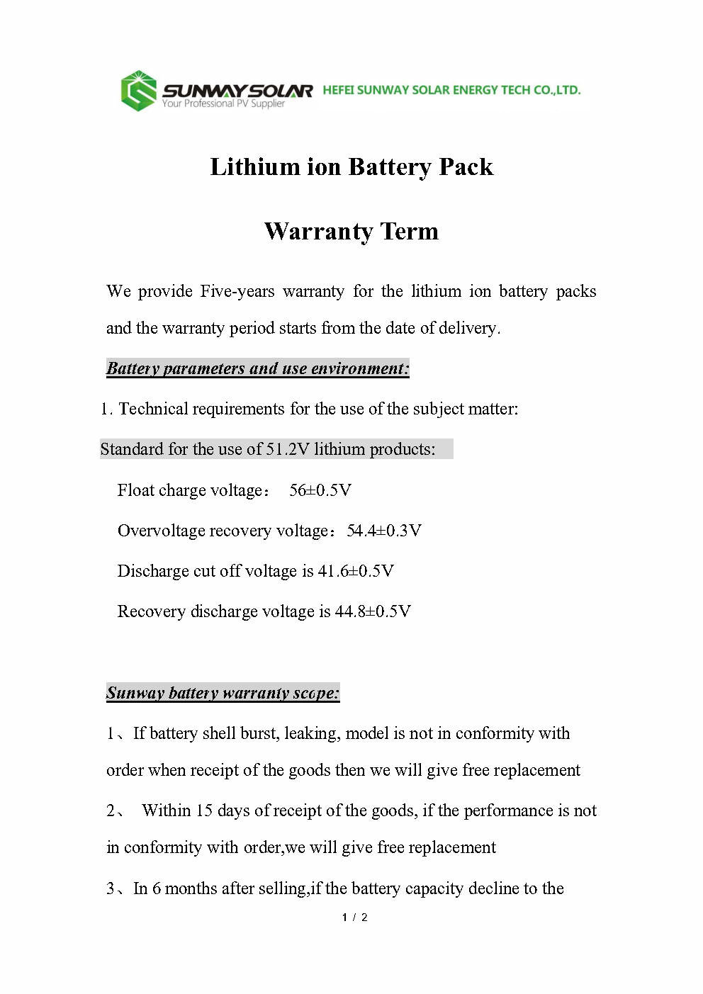 lithium battery warranty term